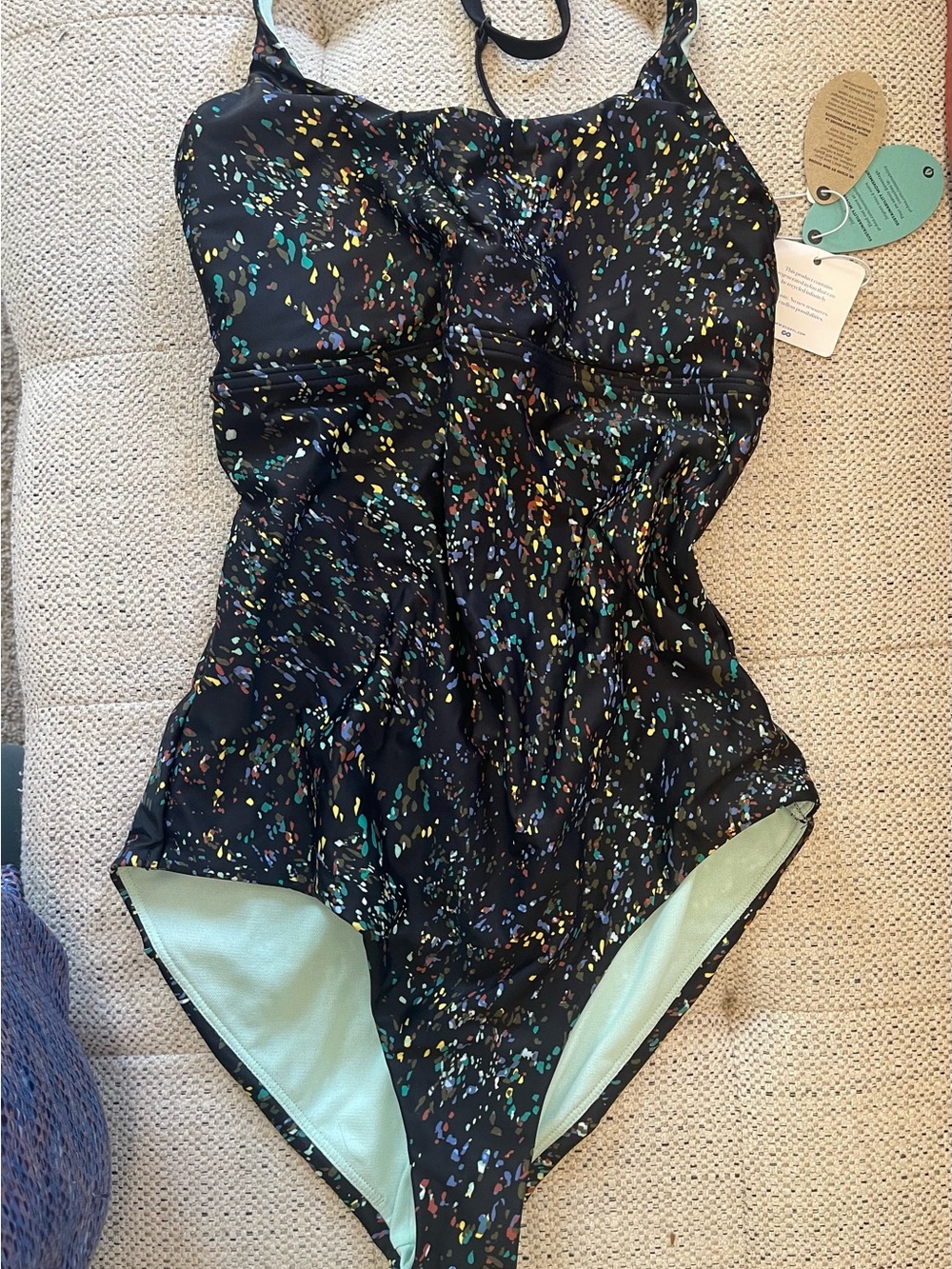 Prana Black One-Piece Swimsuit with Multicolor Confetti Print
